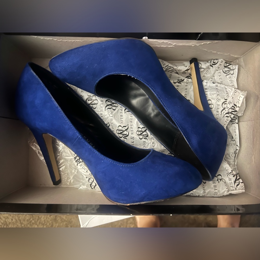 Rock Republic Heels Womens 7.5 M Gwen Casual Slip On Pumps Blue Fabric Stiletto